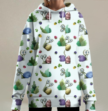 Милый паттерн с мультяшными улитками и ягодами, Hoodie Long Oversize 3D