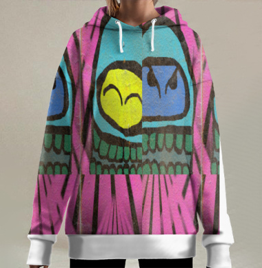 Яркие стилизованные черепа голубой желтый розовый, Hoodie Long Oversize 3D