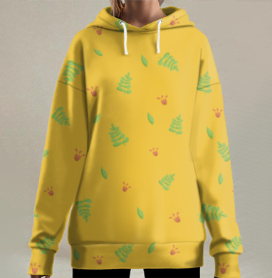 Жёлтый фон зелёные листья рыжие цветы, Hoodie Long Oversize 3D
