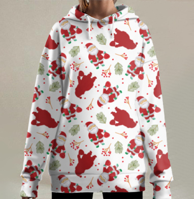 Мультяшный Санта с подарками и елочными ветвями на сером фоне, Hoodie Long Oversize 3D