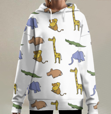 Детские животные жираф слон лев в спокойной обстановке, Hoodie Long Oversize 3D