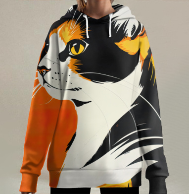 Кот профиль рыжий важный взгляд важный кот, Hoodie Long Oversize 3D