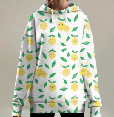 Веселые лимончики с зелеными листьями на белом фоне, Hoodie Long Oversize 3D