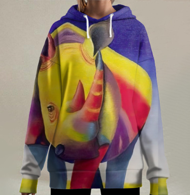 Яркий носорог в стиле экспрессионизма и поп-арт, Hoodie Long Oversize 3D