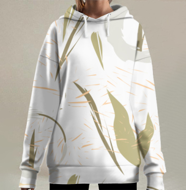 Серый абстрактный узор с зелёными элементами и песочным рисунком, Hoodie Long Oversize 3D