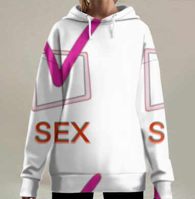 Розовая галочка возле сексуального слова на сером фоне, Hoodie Long Oversize 3D