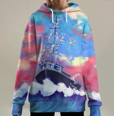Зайцы формируют пирамиду на лодке в бурной воде, Hoodie Long Oversize 3D