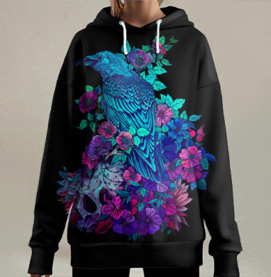 Синее Воронье Мemento Mori с Неоновыми Цветами, Hoodie Long Oversize 3D