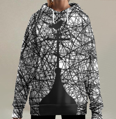 Птица на кресте черный силуэт хаос сетка рисунок, Hoodie Long Oversize 3D