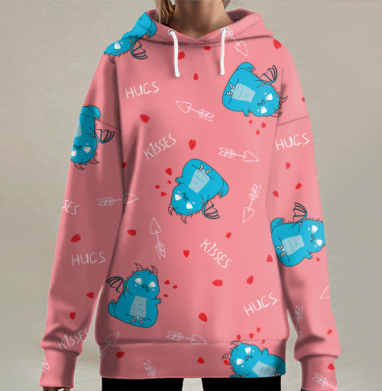 Милые голубые драконы с объятиями и поцелуями на розовом фоне, Hoodie Long Oversize 3D