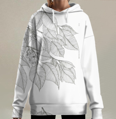 Чёрно белые листья ветка легкость линии, Hoodie Long Oversize 3D