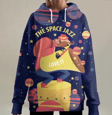 Плакат «Космический Джаз» – Векторная иллюстрация музыканта, Hoodie Long Oversize 3D