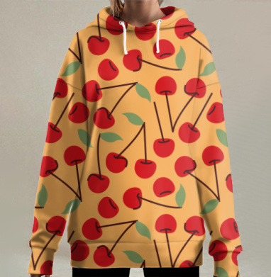 Ягоды свежей вишни на ветках с зеленью яркий фон, Hoodie Long Oversize 3D