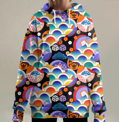 Японский винтаж мотив волн с оранжевым синим фиолетовым, Hoodie Long Oversize 3D