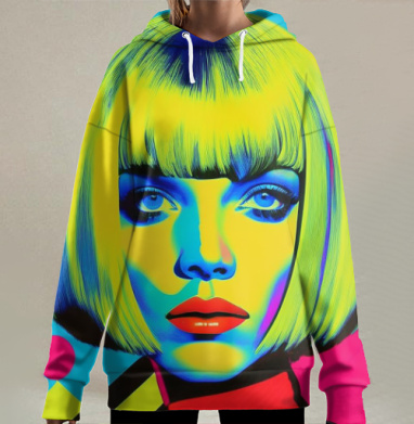 Яркий Неоновый Портрет Женщины с Волосами Мода, Hoodie Long Oversize 3D