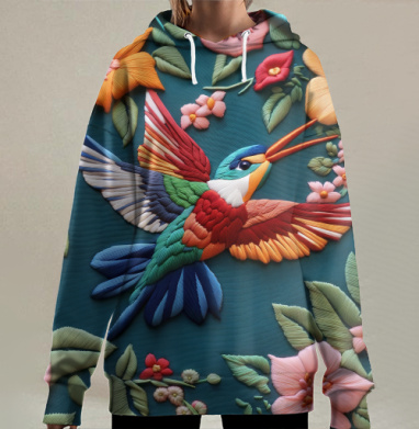 Яркий летний принт с колибри среди красивых цветов, Hoodie Long Oversize 3D