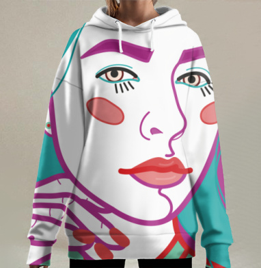 Яркий женский портрет с бирюзовыми волосами и красными губами, Hoodie Long Oversize 3D