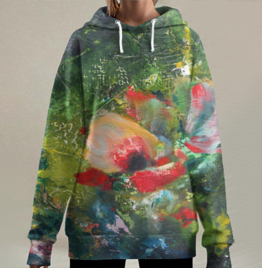 Картина «Взрыв жизни: Маки на зелёном фоне», Hoodie Long Oversize 3D