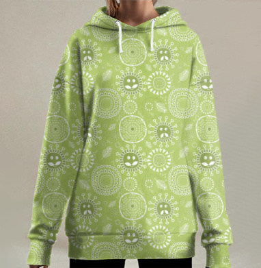 Зелёный узор с улыбающимися солнцами и веточками на ткани, Hoodie Long Oversize 3D