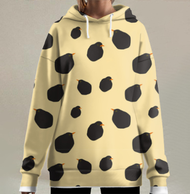 Веселые черные дрозды на желтом фоне для взрослых детей, Hoodie Long Oversize 3D