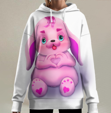 Розовый зайчик с сердечком ласковое символы любви, Hoodie Long Oversize 3D