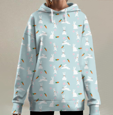 Белые зайцы на голубом фоне с морковками и цветами внизу, Hoodie Long Oversize 3D