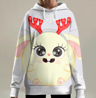 Милый желтый зверек с красными рожками среди белых снежинок, Hoodie Long Oversize 3D