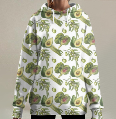 Зелёные овощи с авокадо и артишоками для кухни и дома, Hoodie Long Oversize 3D
