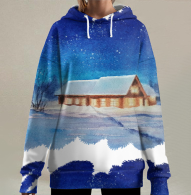 Зимняя ночная сцена с уютным домом и елкой зимний отдых спорт, Hoodie Long Oversize 3D