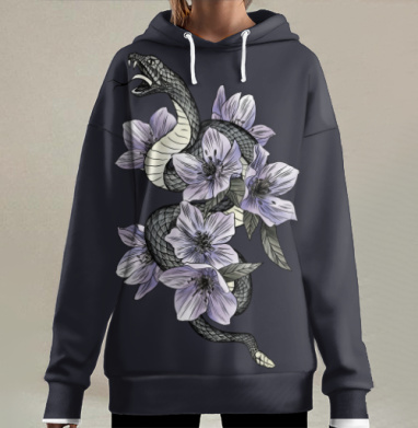 Змея среди морозников в тихой природе на темном фоне, Hoodie Long Oversize 3D