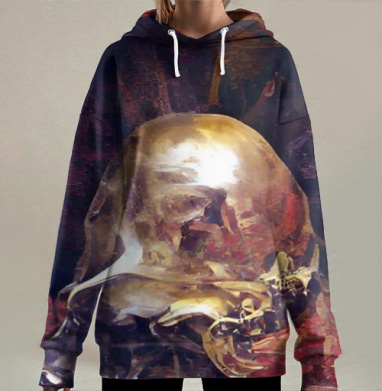 Натюрморт череп Золотистые оттенки красные тона, Hoodie Long Oversize 3D