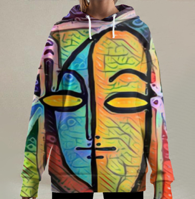 Абстрактное лицо с поднятым средним пальцем на ярком фоне, Hoodie Long Oversize 3D
