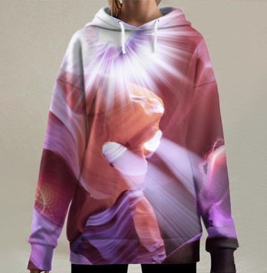 Световые лучи скалы красный оранжевый фиолетовый свет силы, Hoodie Long Oversize 3D