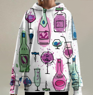 Веселое множество бутылок и бокалов на сером фоне, Hoodie Long Oversize 3D