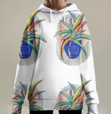 Яркий алоэ в синем горшке на белом фоне, Hoodie Long Oversize 3D