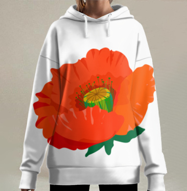 Красный мак с зелеными листами на белом фоне, Hoodie Long Oversize 3D