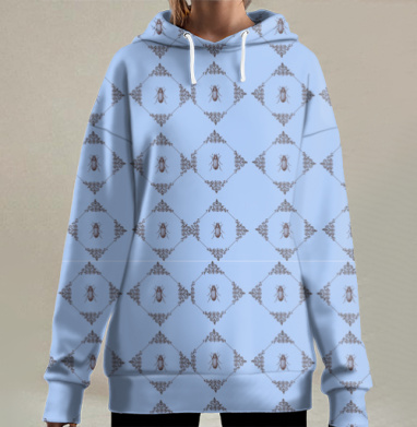 Жуки на голубом фоне в кованых клетках аргайл, Hoodie Long Oversize 3D