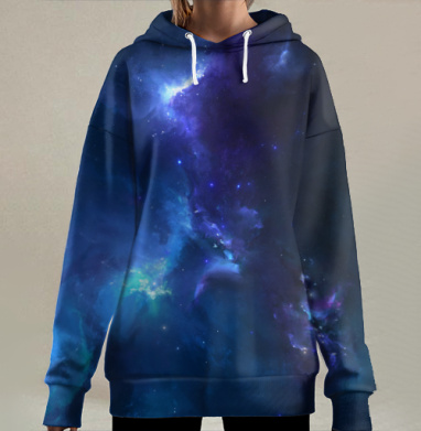 Мистическая космическая сцена в синих и фиолетовых тонах, Hoodie Long Oversize 3D