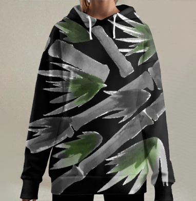 Акварельные бамбуковые стебли с зеленью, Hoodie Long Oversize 3D