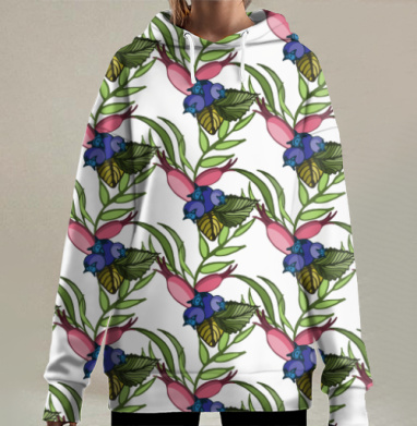 Ягодные ветви с листьями и цветами натуральном порядке, Hoodie Long Oversize 3D