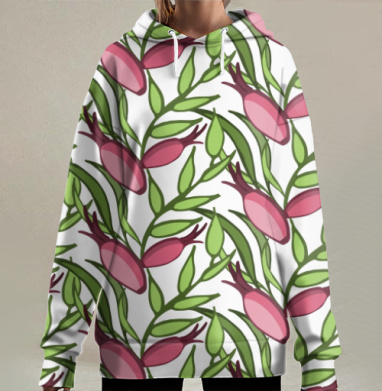 Розовые бутоны с зелеными ветками на сером фоне, Hoodie Long Oversize 3D