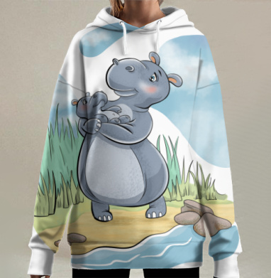 Заботливая бегемотиха с малышом возле воды у травы, Hoodie Long Oversize 3D