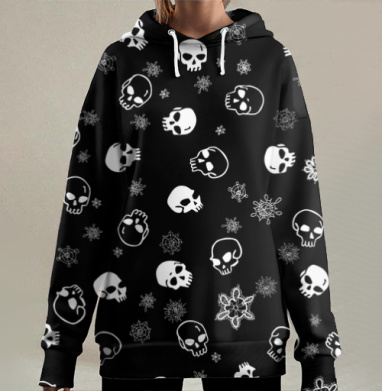 Белые черепа на черном, Hoodie Long Oversize 3D