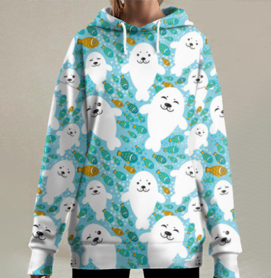 Милые мультяшные белые тюлени и рыбки, Hoodie Long Oversize 3D