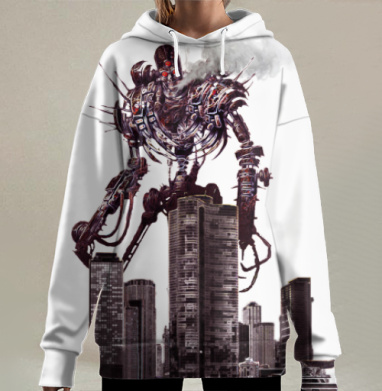 Гигантский зловещий робот над городскими небоскребами и яхтами, Hoodie Long Oversize 3D