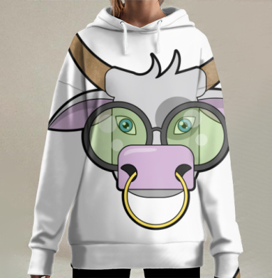 Симпатичный бык в очках коричневый розовый серый, Hoodie Long Oversize 3D
