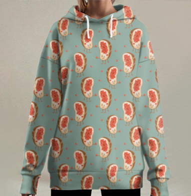 Бутерброд с красной икрой на бирюзовом фоне лаконичный паттерн, Hoodie Long Oversize 3D