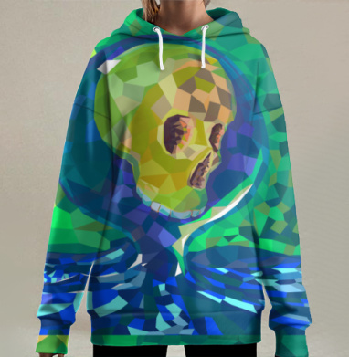 Цифровой череп парит над океаном зелёно синим пространством, Hoodie Long Oversize 3D