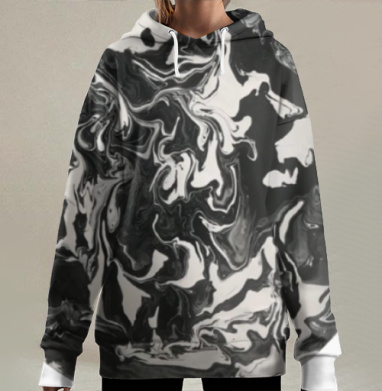 Черно белое динамичное перемешивание волнообразные формы абстракция, Hoodie Long Oversize 3D