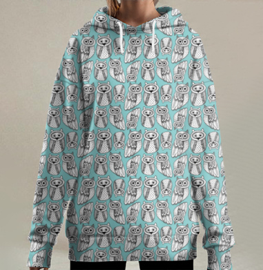 Паттерн с милыми совами на бирюзовом фоне, Hoodie Long Oversize 3D